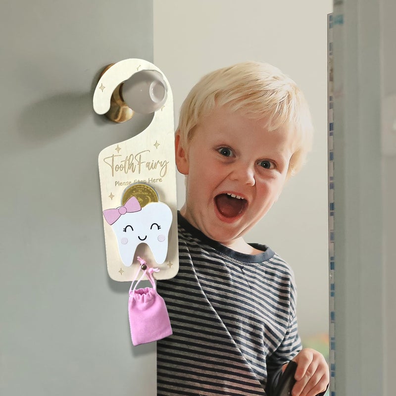 PAMBO Tooth Fairy Door Hanger, Wooden Tooth Fairy Money Holder with Tooth Coins for Lost Tooth Kids Gifts (Pink) - Image 5
