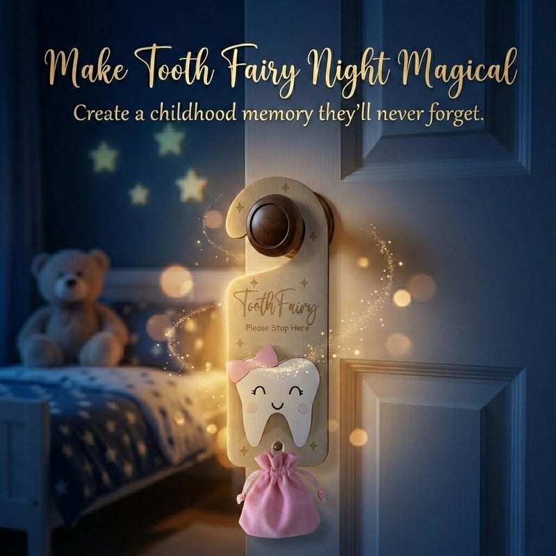PAMBO Tooth Fairy Door Hanger, Wooden Tooth Fairy Money Holder with Tooth Coins for Lost Tooth Kids Gifts (Pink) - Image 4