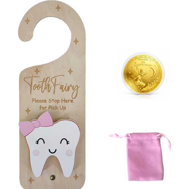 PAMBO Tooth Fairy Door Hanger, Wooden Tooth Fairy Money Holder with Tooth Coins for Lost Tooth Kids Gifts (Pink) - Image 1