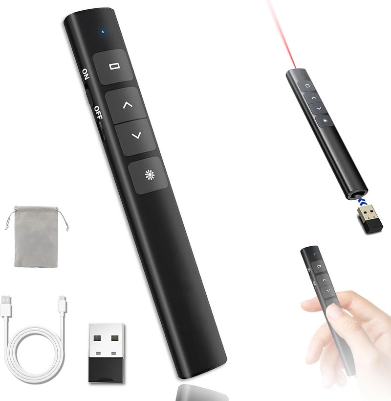 جهاز التحكم عن بعد للعروض التقديمية اللاسلكي، مقدم USB بتردد 2.4 جيجاهرتز مع مؤشر ليزر أحمر ووظيفة الارتباط التشعبي والتحكم في الصفحة ومستوى الصوت، نقر للعروض التقديمية لأجهزة Mac/PC/Laptop/Keynote/PPT - Image 1