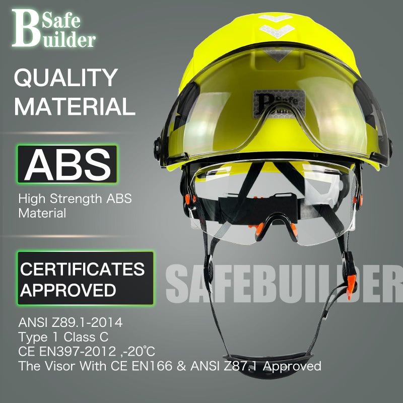 SAFEBUILDER خوذة أمان Safebuilder، قبعة صلبة مع قناع، خوذة عمل شفافة وملون قابلة للتعديل بفتحات تهوية، تعليق من 6 نقاط Ansi Z89.1 معتمدة للأغراض الصناعية (قبعة صفراء فلورسنت مع قناع شفاف وملون) - Image 3