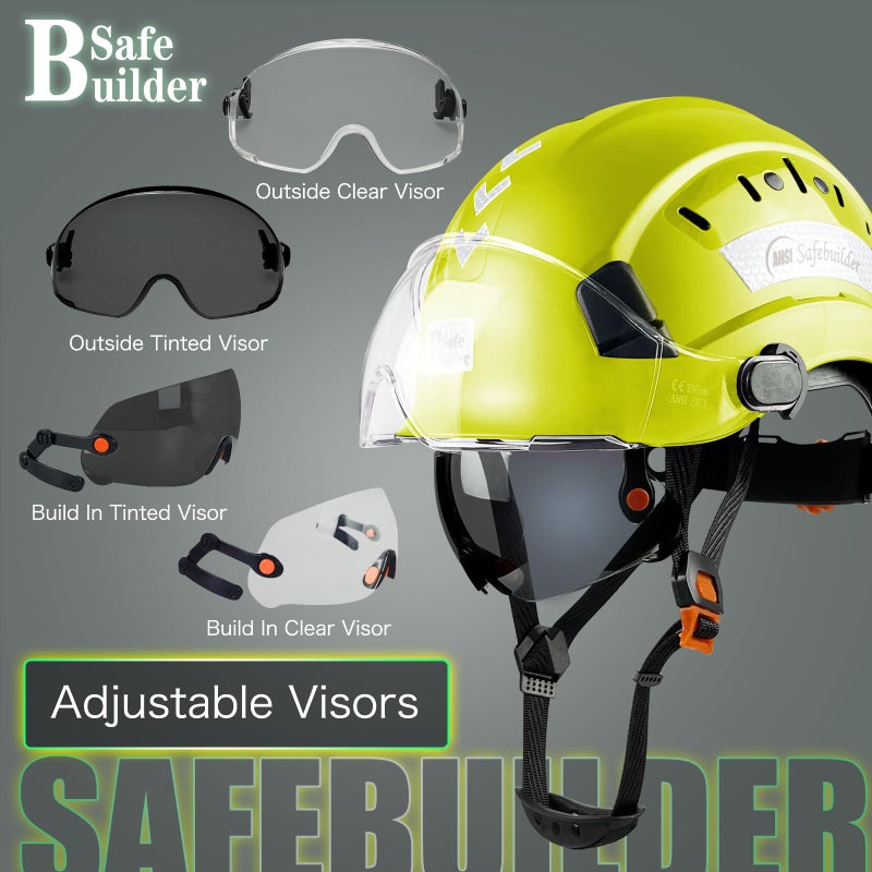 SAFEBUILDER خوذة أمان Safebuilder، قبعة صلبة مع قناع، خوذة عمل شفافة وملون قابلة للتعديل بفتحات تهوية، تعليق من 6 نقاط Ansi Z89.1 معتمدة للأغراض الصناعية (قبعة صفراء فلورسنت مع قناع شفاف وملون) - Image 5