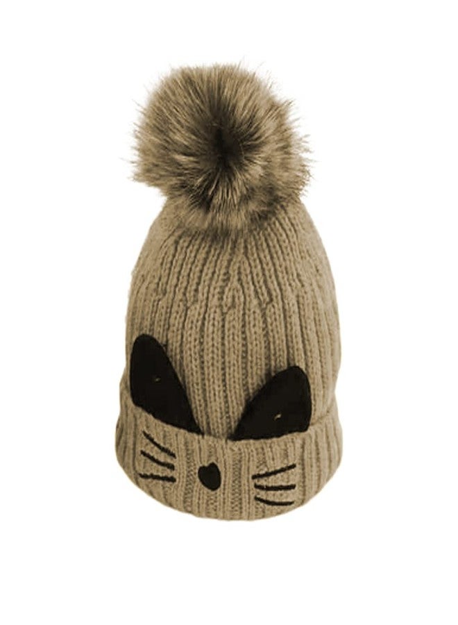 V3E قبعة شتوية دافئة محبوكة بتصميم وجه قطة لطيف من V3E مع مدفأة رقبة من الصوف (بيج) - Image 2