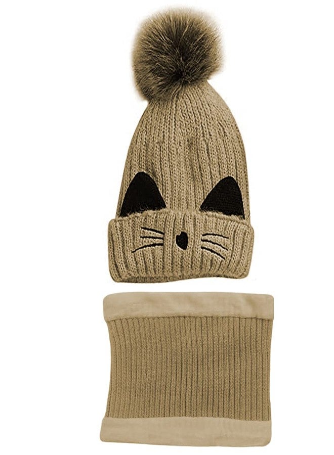 V3E قبعة شتوية دافئة محبوكة بتصميم وجه قطة لطيف من V3E مع مدفأة رقبة من الصوف (بيج) - Image 4