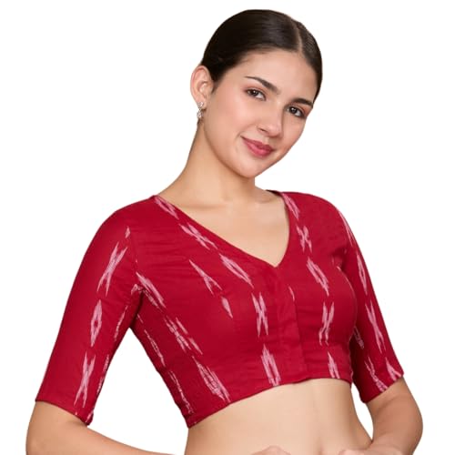 Studio Shringaar Women's Cotton Ikat Stretchable (Smocked) Readymade Saree Blouse(Maroon, 46) - Image 1