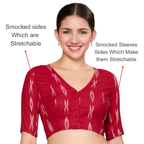 Studio Shringaar Women's Cotton Ikat Stretchable (Smocked) Readymade Saree Blouse(Maroon, 46) - Image 2
