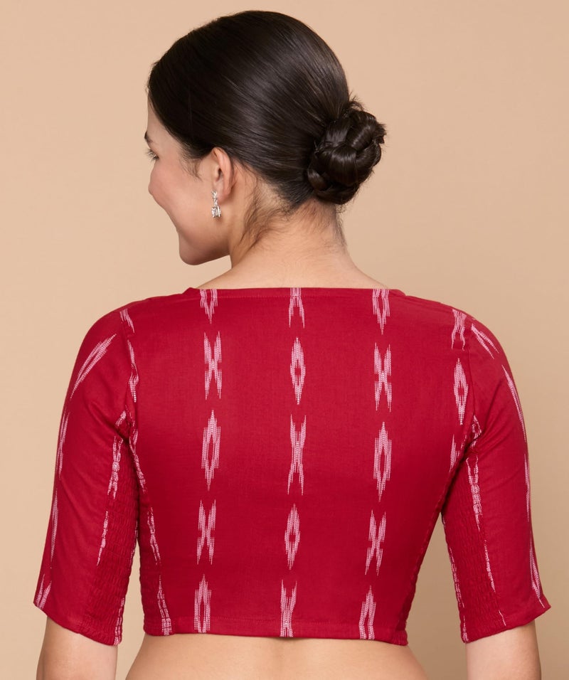 Studio Shringaar Women's Cotton Ikat Stretchable (Smocked) Readymade Saree Blouse(Maroon, 46) - Image 3