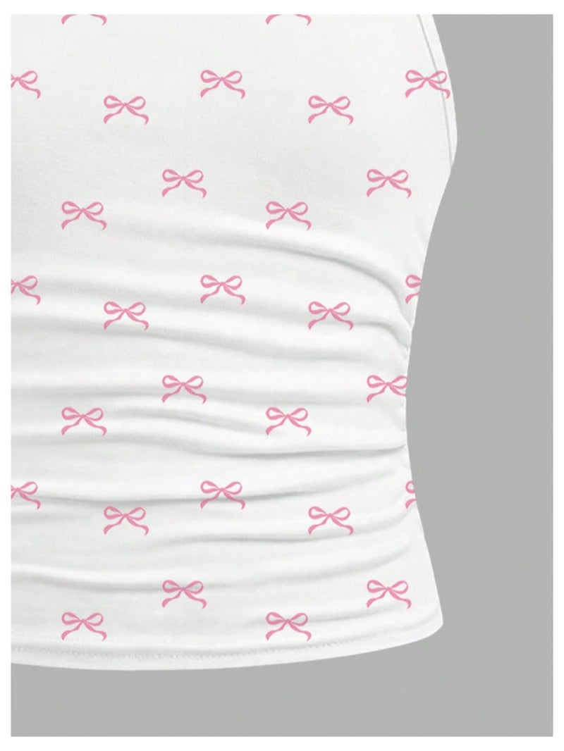 Floerns Girl's Cute Bow Print Camisole Tops Ruched Sleeveless Spaghetti Strap Top White and Pink 10Y - Image 2