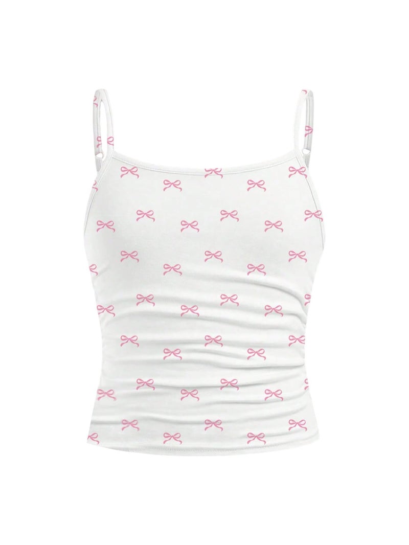 Floerns Girl's Cute Bow Print Camisole Tops Ruched Sleeveless Spaghetti Strap Top White and Pink 10Y - Image 1