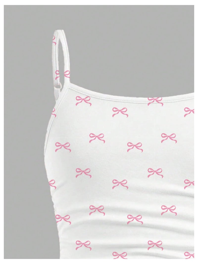 Floerns Girl's Cute Bow Print Camisole Tops Ruched Sleeveless Spaghetti Strap Top White and Pink 10Y - Image 5