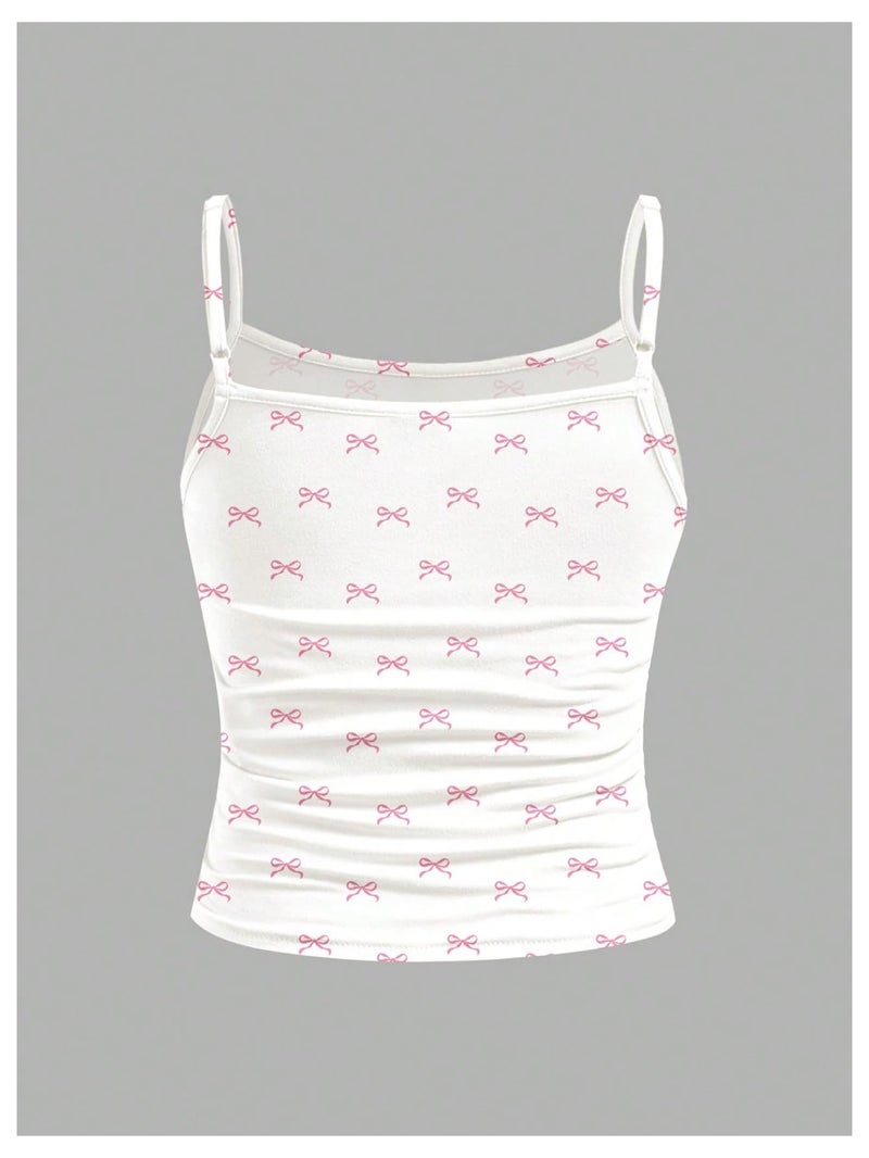 Floerns Girl's Cute Bow Print Camisole Tops Ruched Sleeveless Spaghetti Strap Top White and Pink 10Y - Image 4