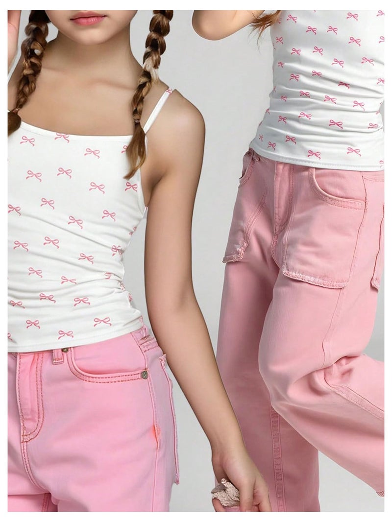 Floerns Girl's Cute Bow Print Camisole Tops Ruched Sleeveless Spaghetti Strap Top White and Pink 10Y - Image 3