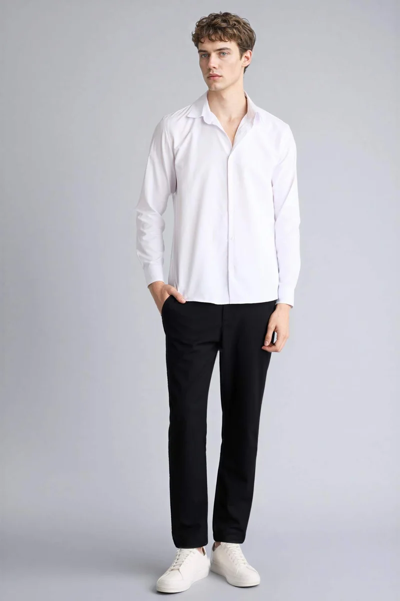 ديفاكتو Slim Fit Polo Collar Long Sleeve Shirt