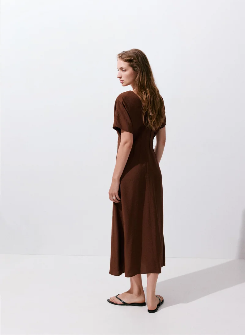 Mango 32-CHOCOLATE Ruched V-Neck Dress for Women | Best Price UAE