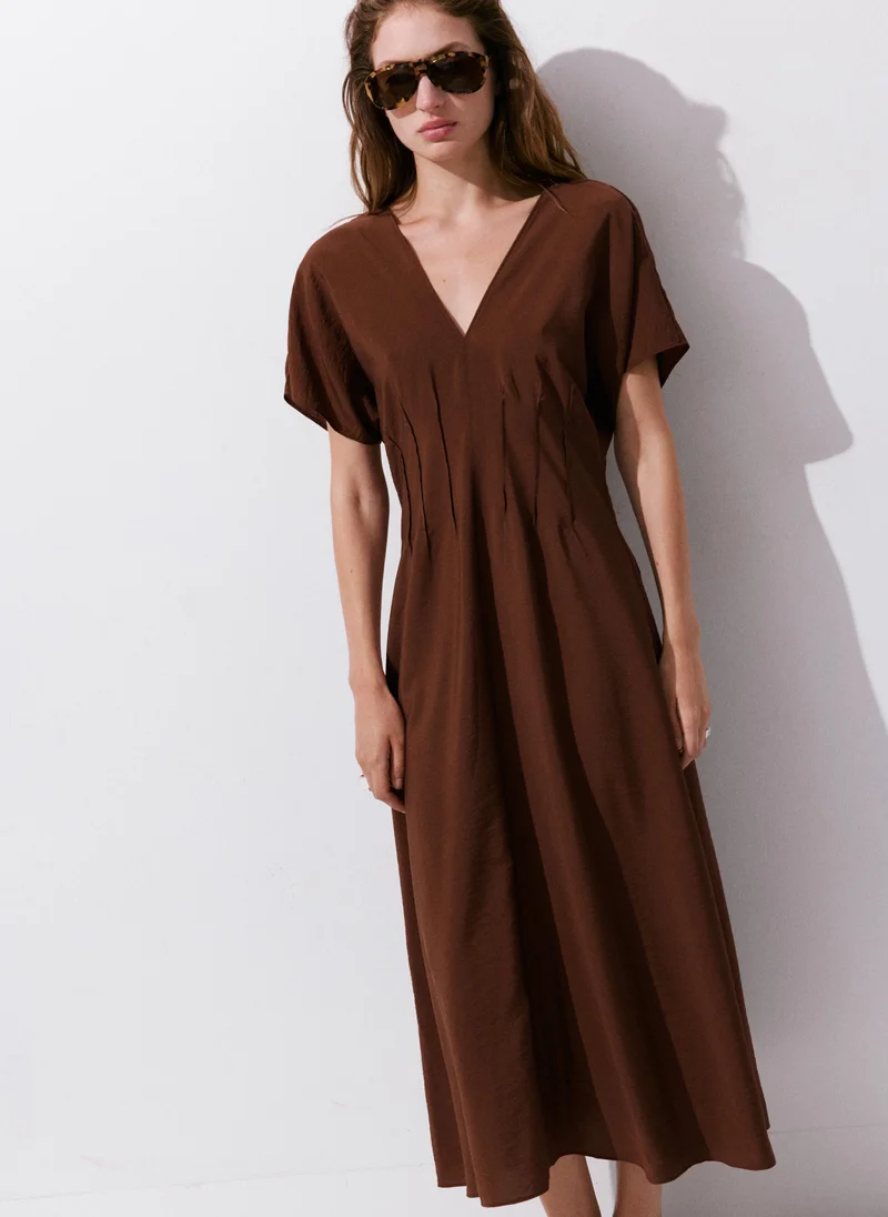 Mango 32-CHOCOLATE Ruched V-Neck Dress for Women | Best Price UAE