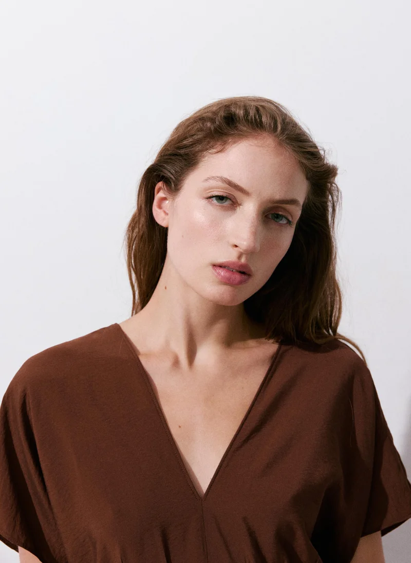 Mango 32-CHOCOLATE Ruched V-Neck Dress for Women | Best Price UAE