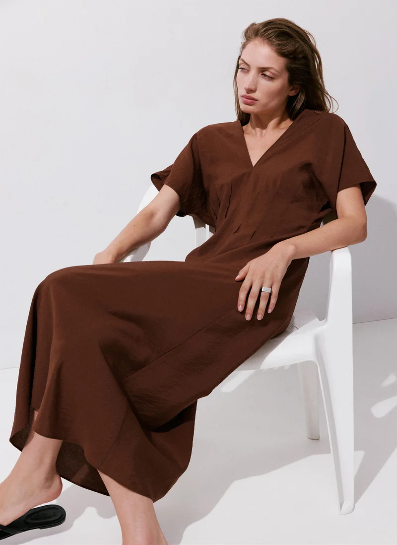 Mango 32-CHOCOLATE Ruched V-Neck Dress for Women | Best Price UAE