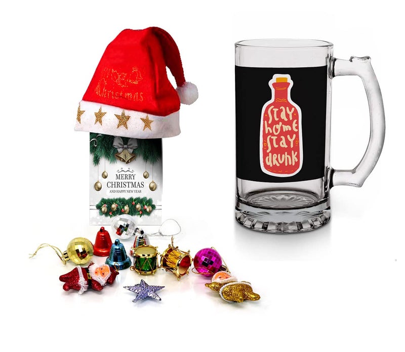 Kesri Gifts Kesri Gifts Christmas Gift Set Printed Beer Mug 12 Christmas Ornaments with Santa Cap Xmas Greeting Card for Xmas Gift ComboxmBrm22075
