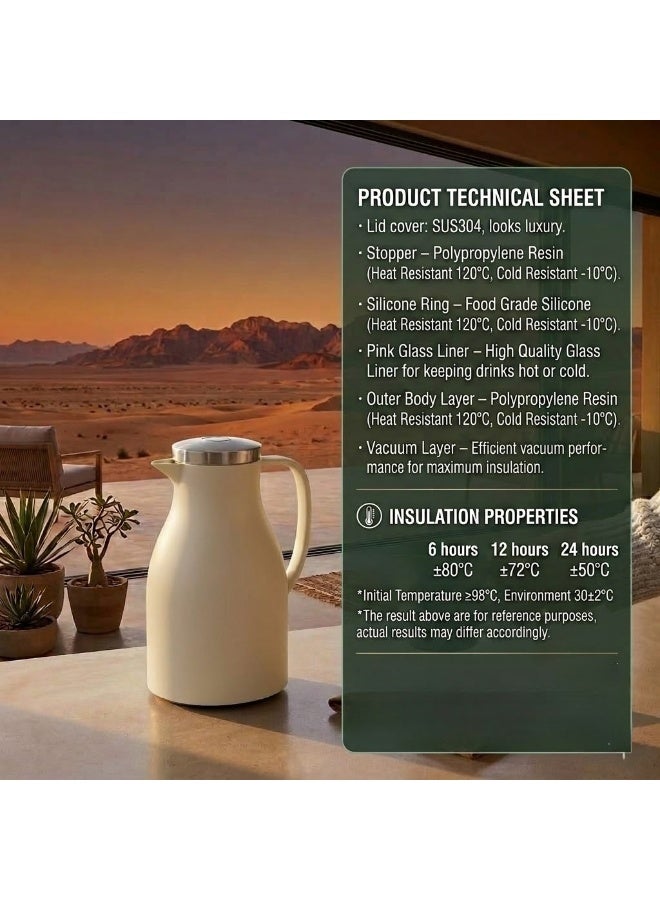 Vacuum Insulated Thermal Carafe 1.5L Coffee and Tea Pot with Glass Liner and SUS304 Stainless Steel Lid  Beige - Image 3