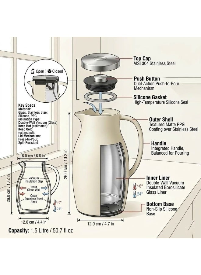 Vacuum Insulated Thermal Carafe 1.5L Coffee and Tea Pot with Glass Liner and SUS304 Stainless Steel Lid  Beige - Image 4