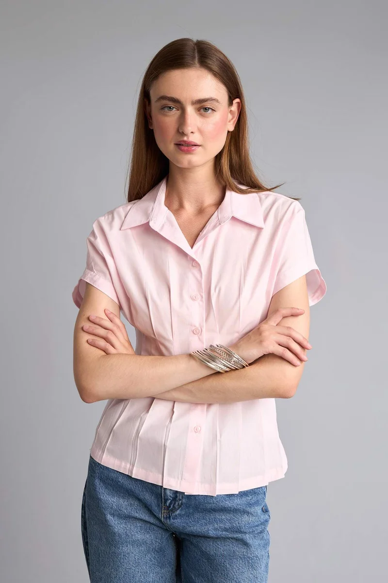 Defacto Slim Fit Jacket Collar Poplin Short Sleeve Shirt