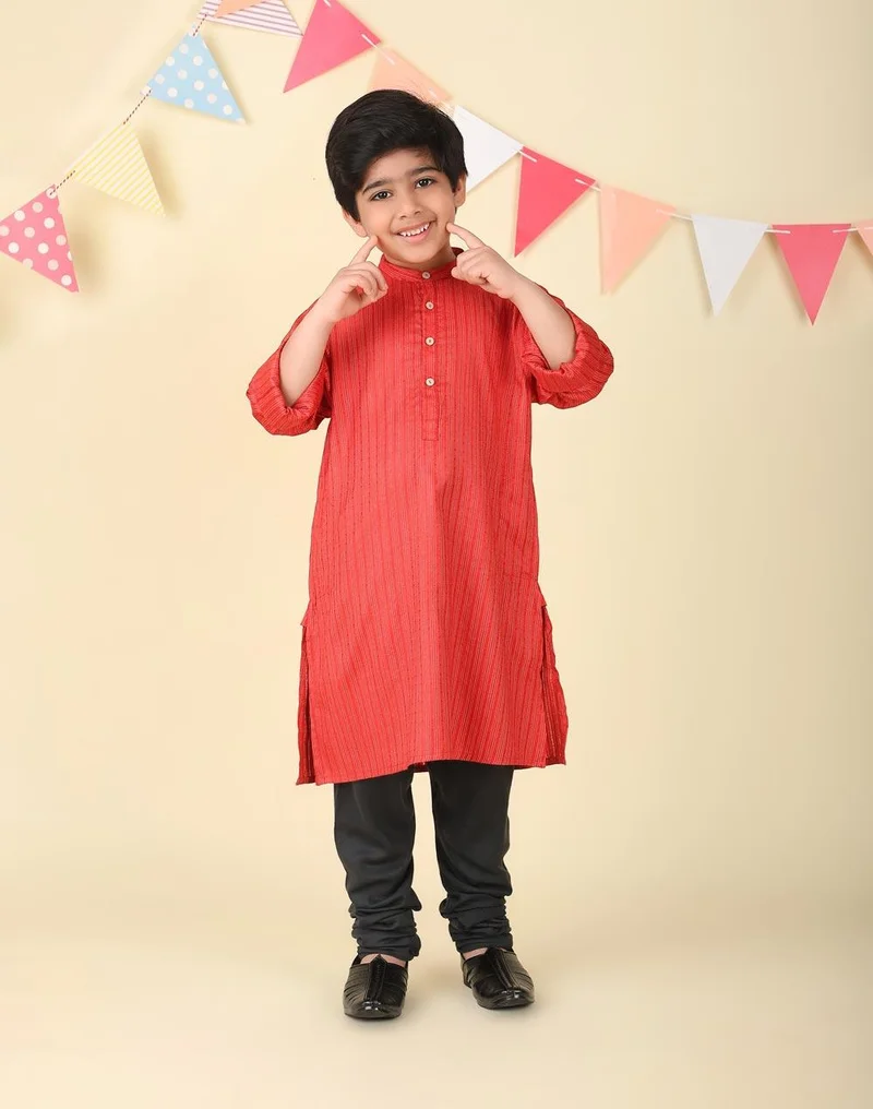 فاب انديا Red Viscose Blend Dobby Long Kurta