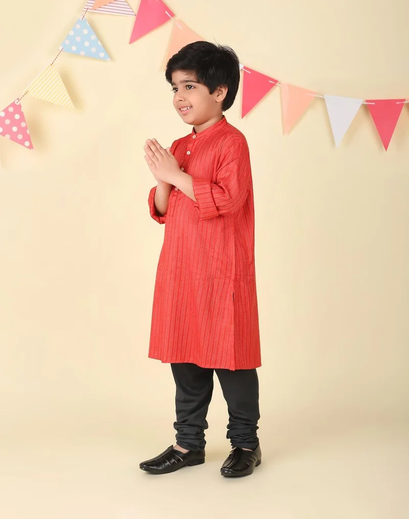 فاب انديا Red Viscose Blend Dobby Long Kurta