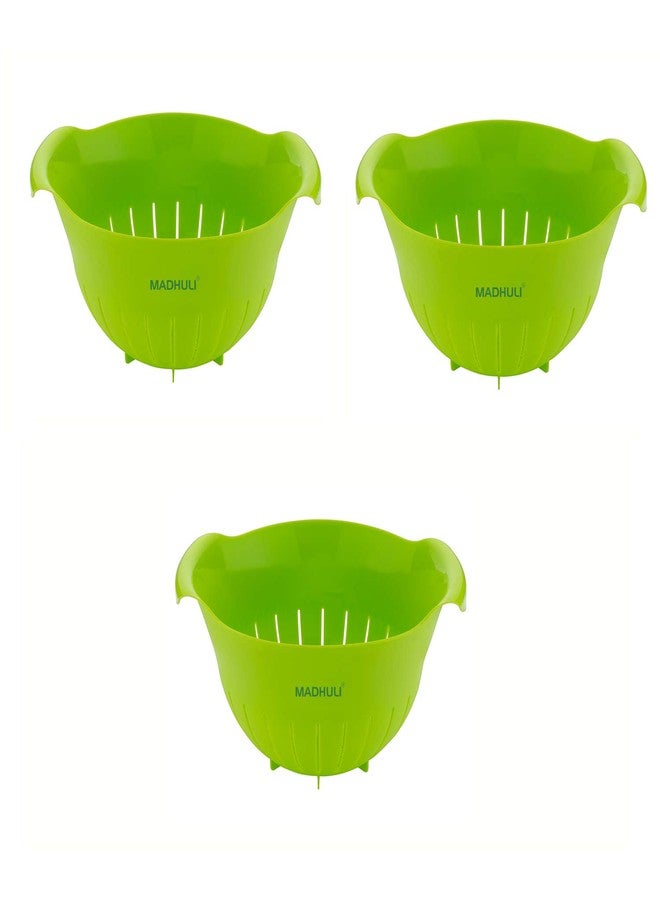 Madhuli Premium Plastic 11 Inch Multi Color Rice Bowl Rice Pulses Fruits Vegetable Noodles Pasta Washing Bowl & Strainer Perfect for Storing,Straining,Colanderc Pack of 3 Green - Image 1