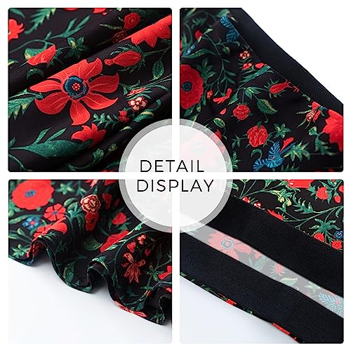Keasmto Womens Floral Skirts Midi Length High Waist Silk Satin Elasticized A Line Summer Casual Boho Flower Skirt Black Red Floral-03 S - Image 4
