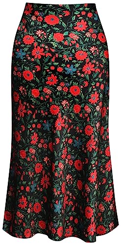Keasmto Womens Floral Skirts Midi Length High Waist Silk Satin Elasticized A Line Summer Casual Boho Flower Skirt Black Red Floral-03 S - Image 1