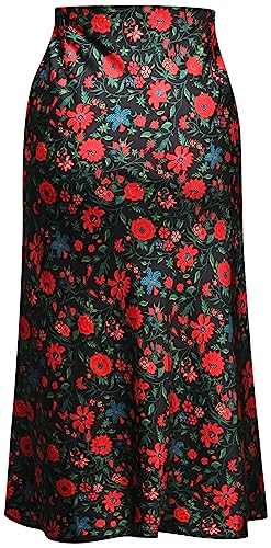 Keasmto Womens Floral Skirts Midi Length High Waist Silk Satin Elasticized A Line Summer Casual Boho Flower Skirt Black Red Floral-03 S - Image 2