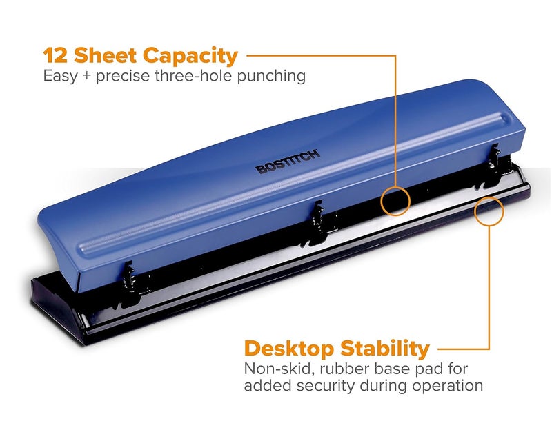 Bostitch Office Premium 3 Hole Punch, 12 Sheet Capacity, Metal, Rubber Base, Easy-Clean Tray, Silver - Image 2