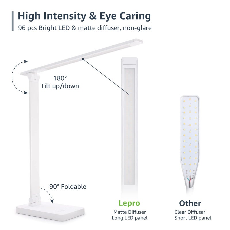 Lepro LED Desk Lamp with USB Charging Port, 700LM Dimmable Home Office Touch Control Reading Table Lamp,5 Color Modes with 5 Brightness Level, Dorm Room Essentials, Task Lamp, Sewing, Crafting, White - Image 5