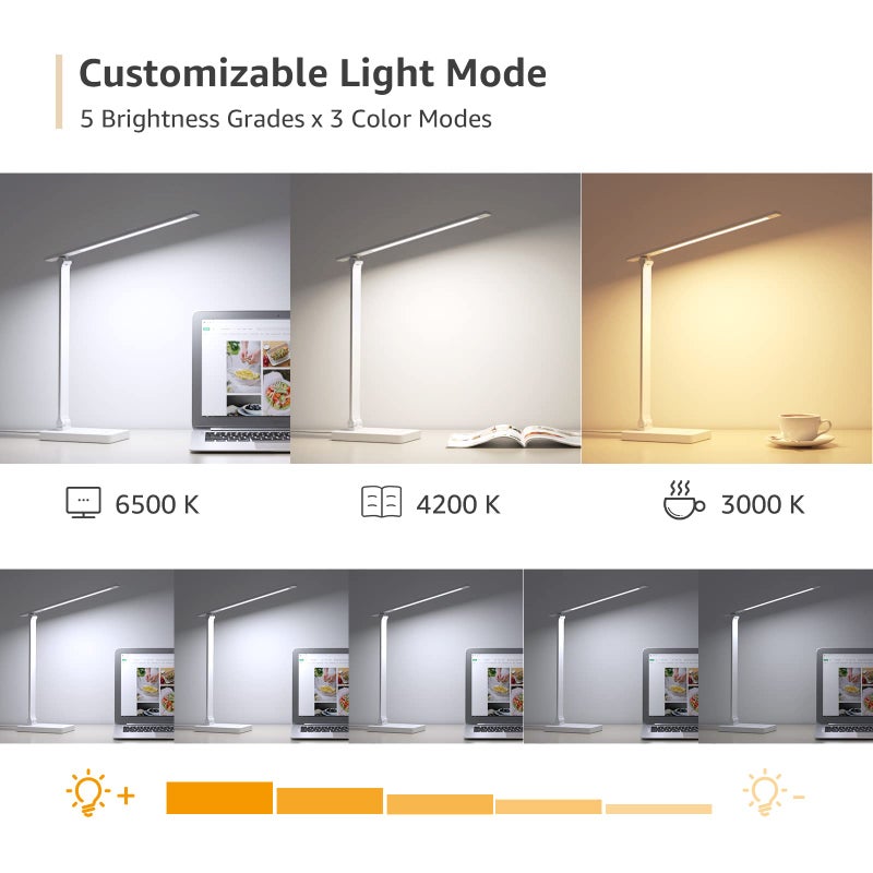 Lepro LED Desk Lamp with USB Charging Port, 700LM Dimmable Home Office Touch Control Reading Table Lamp,5 Color Modes with 5 Brightness Level, Dorm Room Essentials, Task Lamp, Sewing, Crafting, White - Image 3