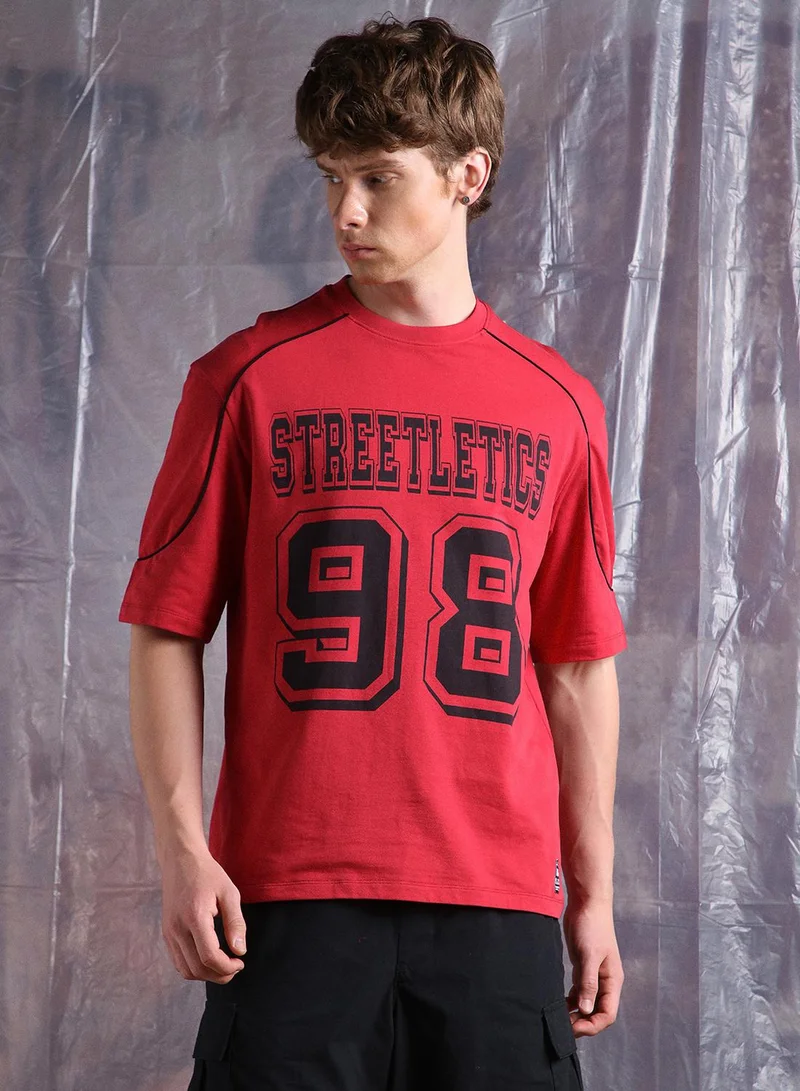 Men Typography Streetletics Printed Round Neck Cotton Relaxed Fit T-shirt