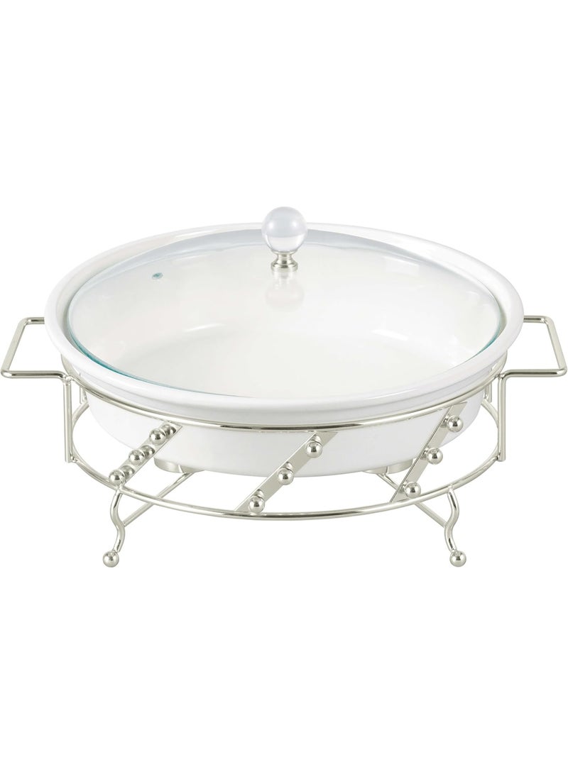 أوركيد طاجن مستطيل من البورسلين مزين بزهرة الأوركيد مع حامل شموع صغيرة، طاجن طاولة طعام، طبق تقديم طعام سيراميكي مع غطاء، طبق طاجن بوفيه يحافظ على الحرارة (أبيض، دائري 12 بوصة) - Image 1