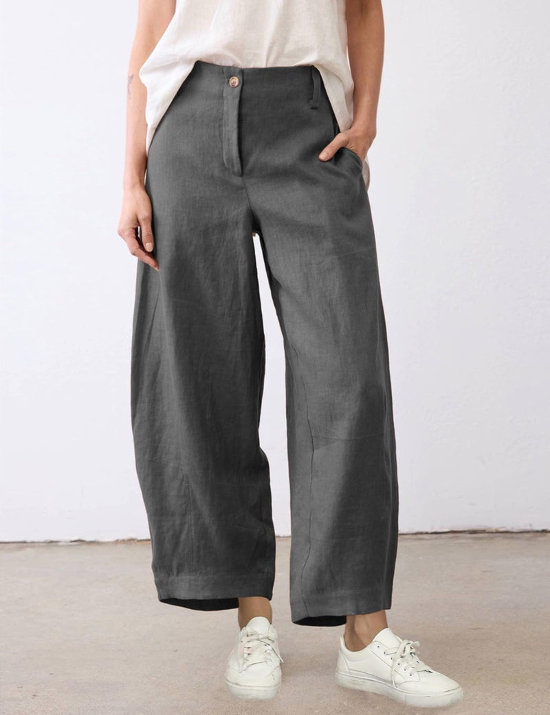 Tanming Womens Linen Pants Casual Capri Baggy Wide Leg Trousers Palazzo Pants Beach Vacation Outfits (Grey-L) - Image 2