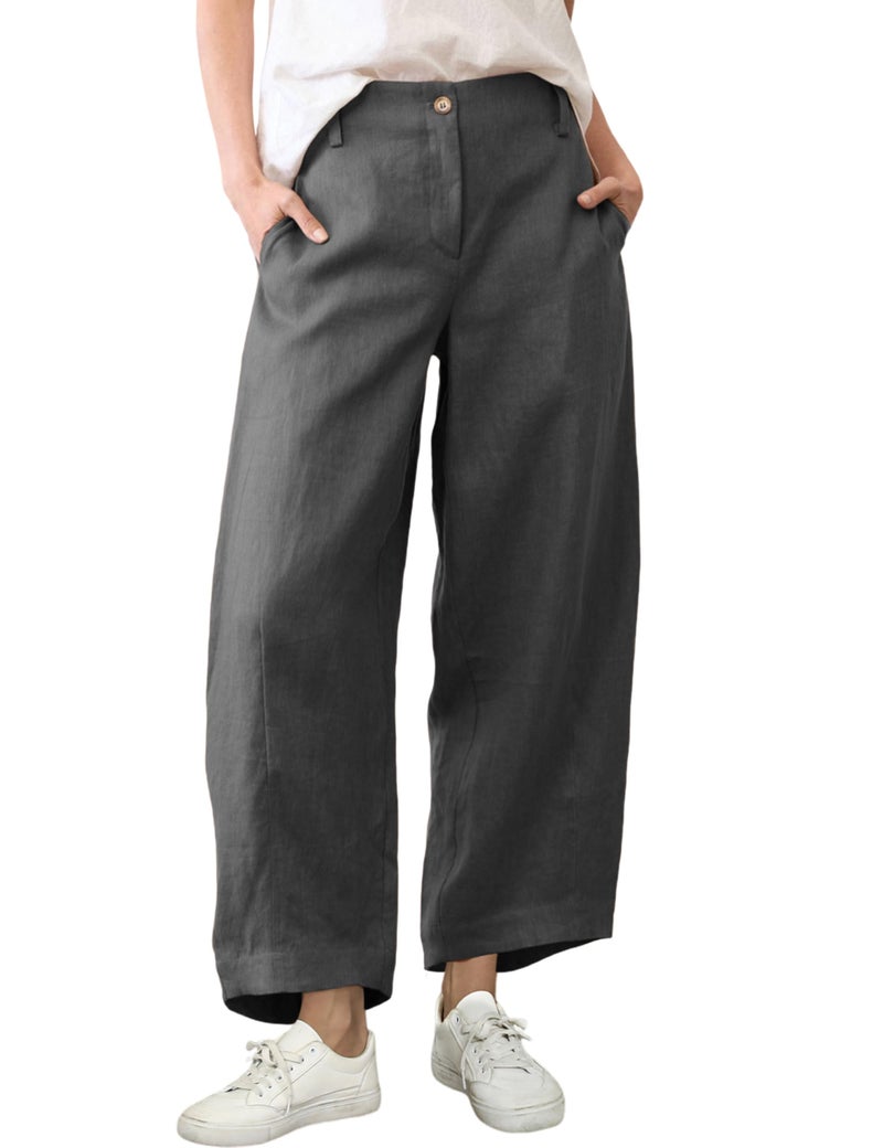 Tanming Womens Linen Pants Casual Capri Baggy Wide Leg Trousers Palazzo Pants Beach Vacation Outfits (Grey-L) - Image 1