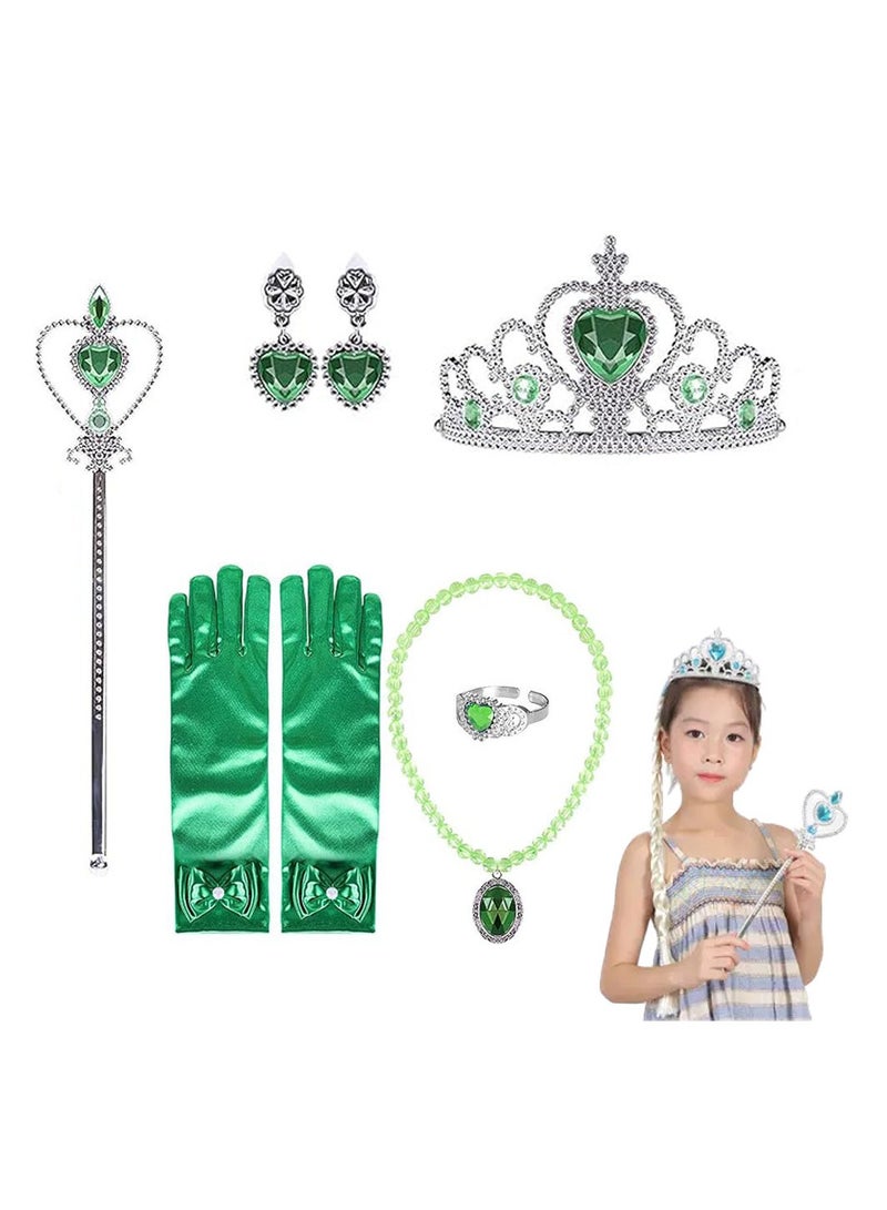 SYOSI Royal Princess Dress-Up Set - 6 Pcs Accessory Kit for Girls, Green Theme - Gloves, Tiara Crown, Wand, Necklaces, Bracelet, Rings, Earrings - Queen Cosplay Accessories for Little Royalty (Green)  - Image 1