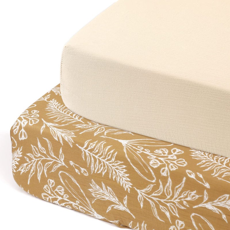 شراشف سرير الأطفال من قماش الموسلين الناعم 2 عبوة 100 قطن لشراشف سرير الأطفال للأولاد والبنات تناسب مراتب سرير الأطفال القياسية 52 × 28 بيج ذهبي خريفي