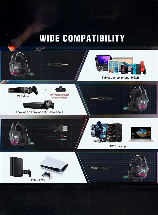 Gaming Headset PS5 Headset PS4 Switch PC xboxone Headset with Microphone Dynamic RGB LED Effect Gamer Headsets for Computer Laptop 3.5mm Wired Stereo Bass Over Ear Mic Gaming Headphones - Image 5