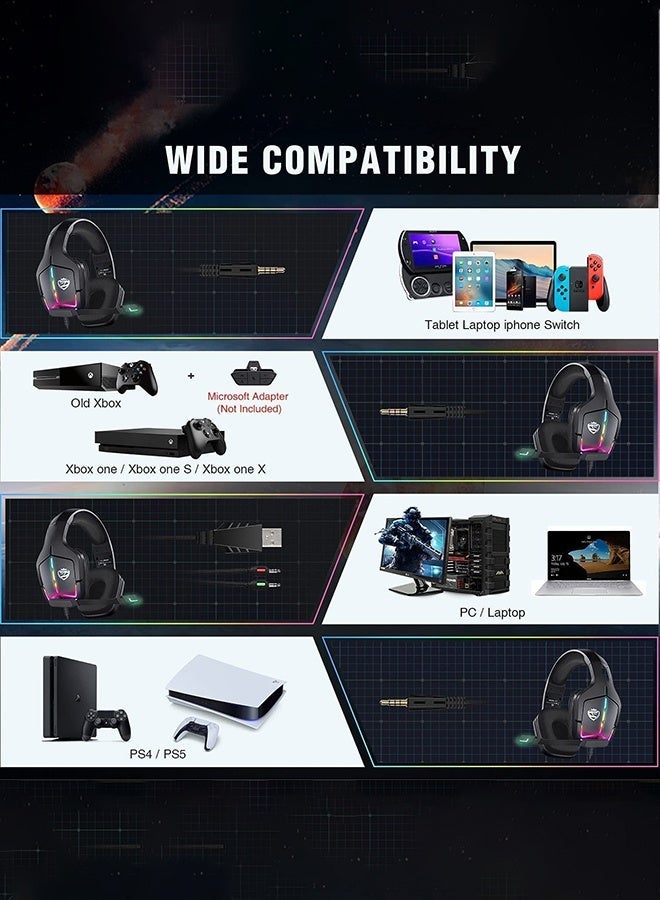 Bukela Gaming Headset PS5 Headset PS4 Switch PC xboxone Headset with Microphone Dynamic RGB LED Effect Gamer Headsets for Computer Laptop 3.5mm Wired Stereo Bass Over Ear Mic Gaming Headphones - Image 5