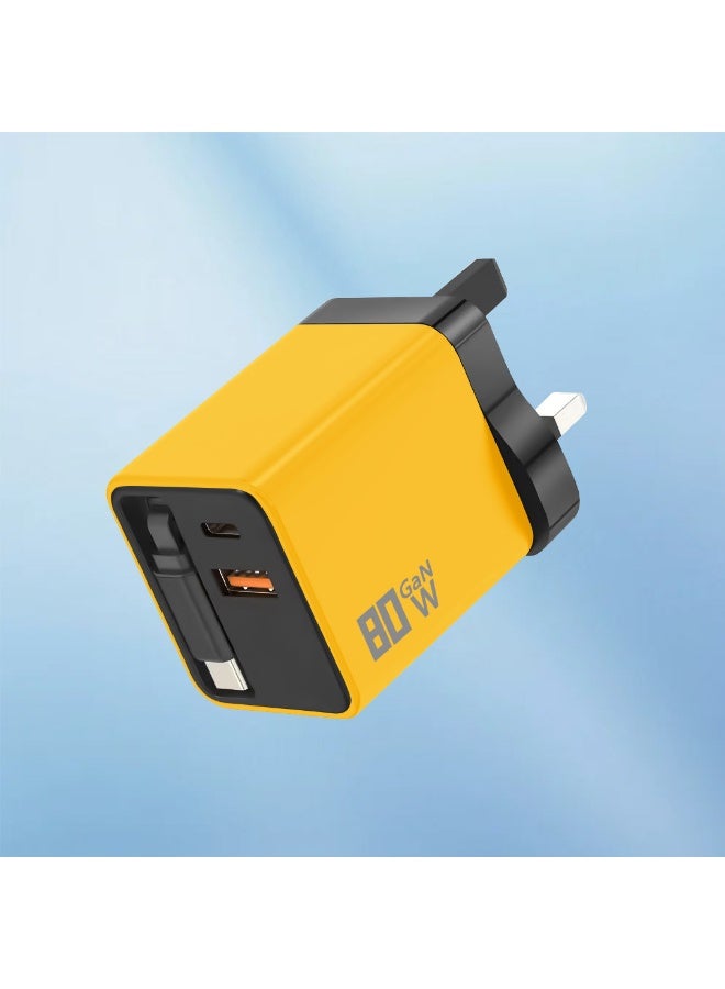 80W Fast Charging Adapter Power Port with One Built-in Retractable PD Cable and Type-C and USB Type-A, Three Ports Adapter with Retractable Cable Type-C Type-A, 80W Travel Wall Plug Charger - Image 1