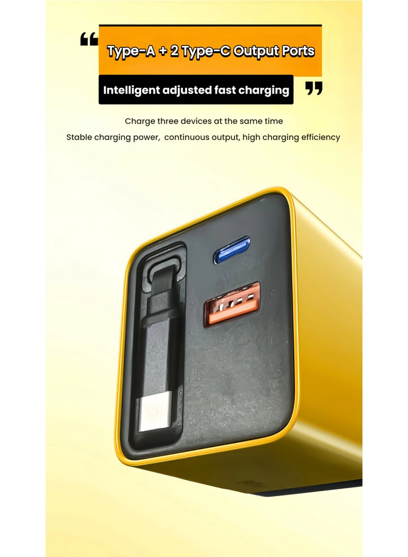 80W Fast Charging Adapter Power Port with One Built-in Retractable PD Cable and Type-C and USB Type-A, Three Ports Adapter with Retractable Cable Type-C Type-A, 80W Travel Wall Plug Charger - Image 2