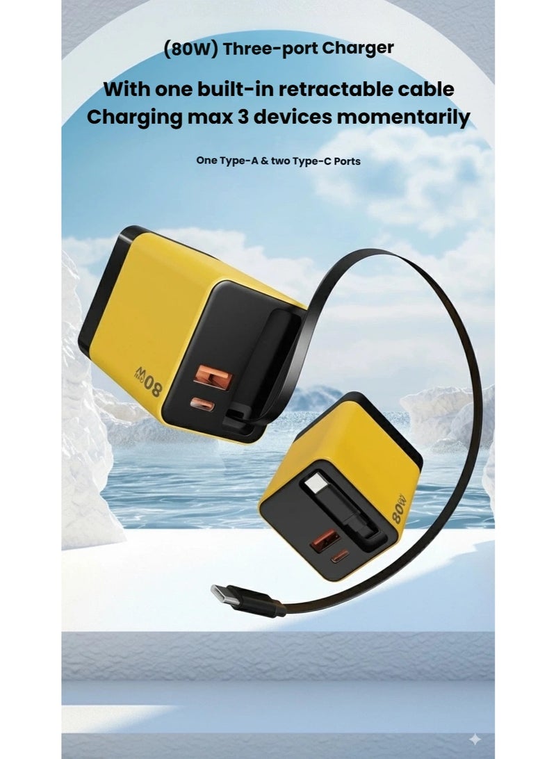 80W Fast Charging Adapter Power Port with One Built-in Retractable PD Cable and Type-C and USB Type-A, Three Ports Adapter with Retractable Cable Type-C Type-A, 80W Travel Wall Plug Charger - Image 3