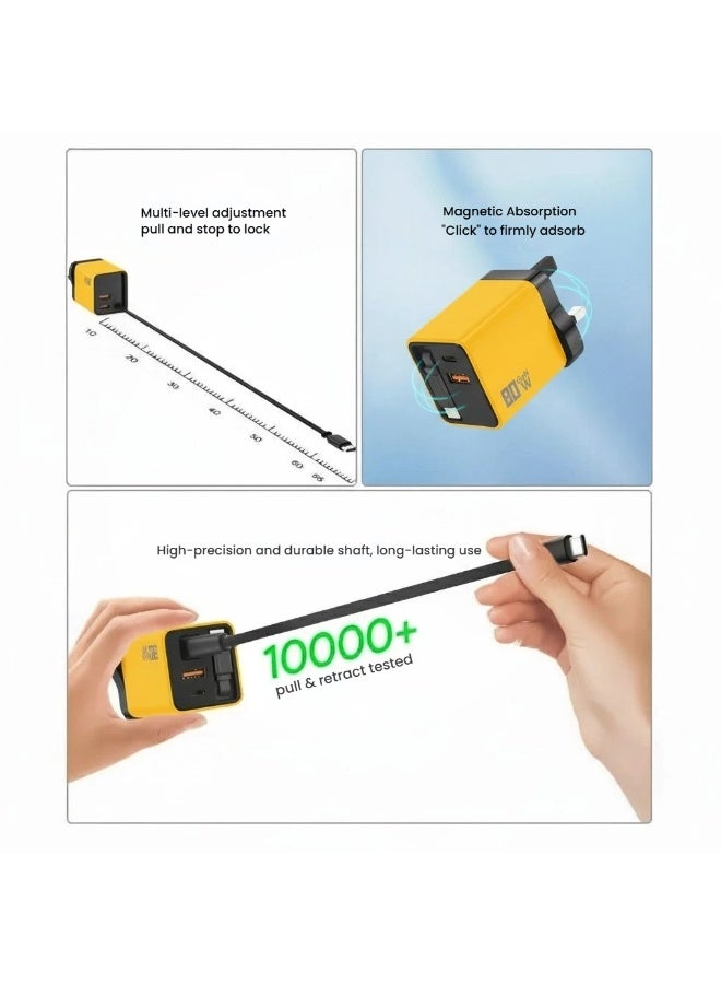 80W Fast Charging Adapter Power Port with One Built-in Retractable PD Cable and Type-C and USB Type-A, Three Ports Adapter with Retractable Cable Type-C Type-A, 80W Travel Wall Plug Charger - Image 4