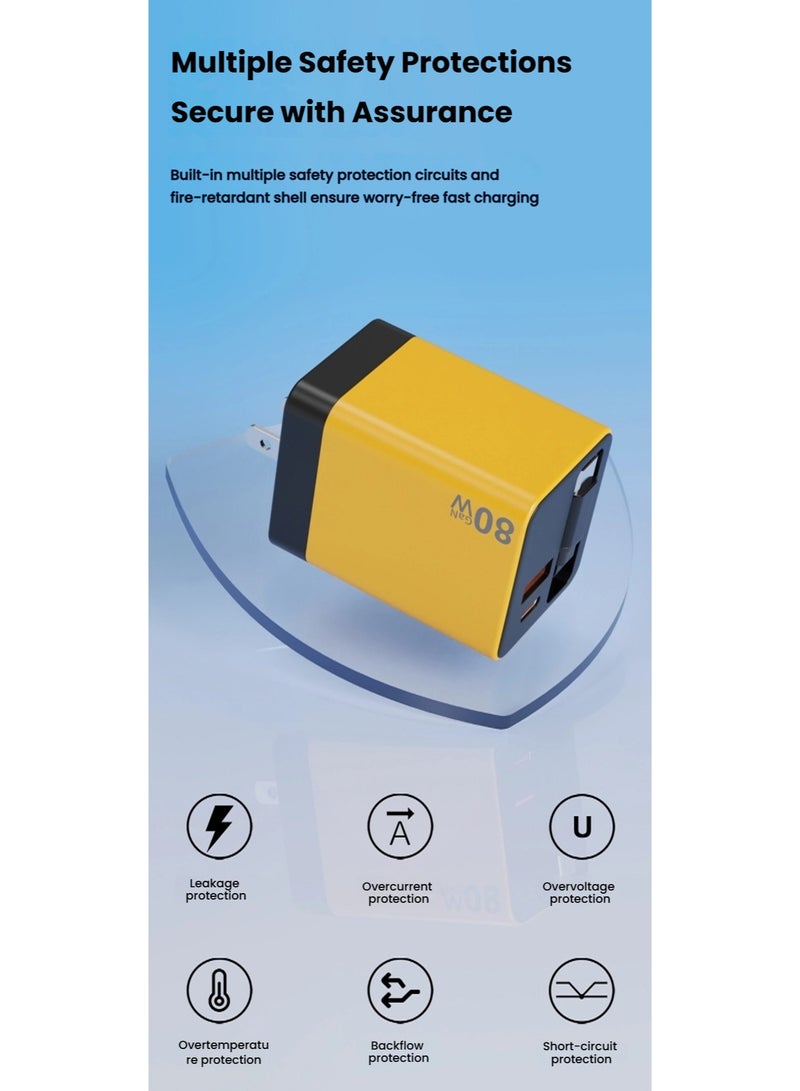 80W Fast Charging Adapter Power Port with One Built-in Retractable PD Cable and Type-C and USB Type-A, Three Ports Adapter with Retractable Cable Type-C Type-A, 80W Travel Wall Plug Charger - Image 5
