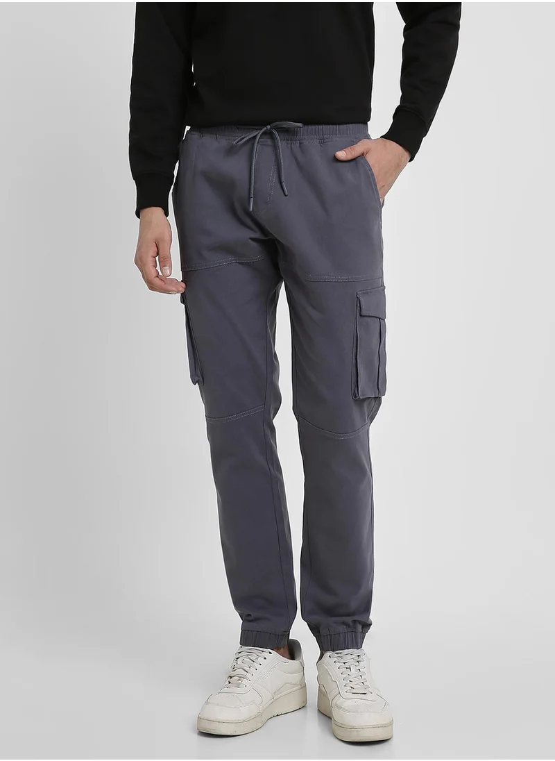 Dennis Lingo Men's Steel Grey 100% Cotton Solid Pattern Full Length Slim Fit Trouser