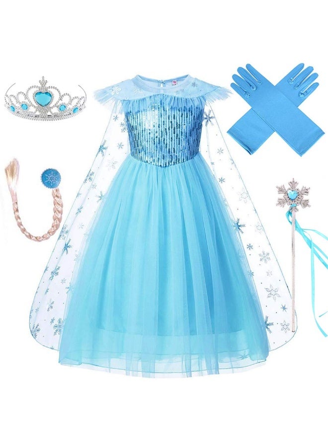 VIUAUAX أزياء ملكة الثلج، فستان حفلات للفتيات، ملابس تنكرية لأعياد ميلاد ملكة الثلج، فستان الأميرة للأطفال، زي أزرق مع مجموعة إكسسوارات - Image 1