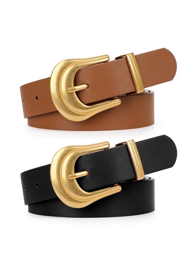 LEACOOLKEY - 2 Pack Women'S Leather Belts For Jeans Western Belt Ladies Wsit Belt With Gold Silver Buckle - Image 1